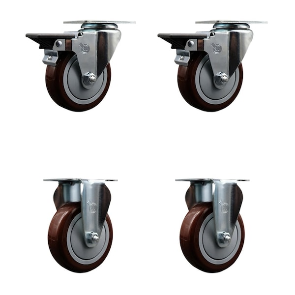 4'' Maroon Poly Wheel Swivel Top Plate Caster Set with 2 Posi Brakes 2 Rigid, 4PK
